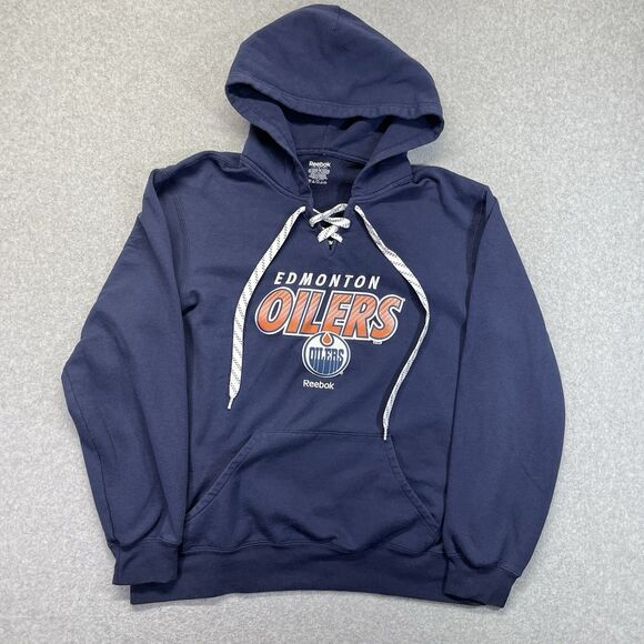 Edmonton Oilers Reebok Hoodie Mens Large L Blue Laced 3D Embroidered Logos - Picture 1 of 8